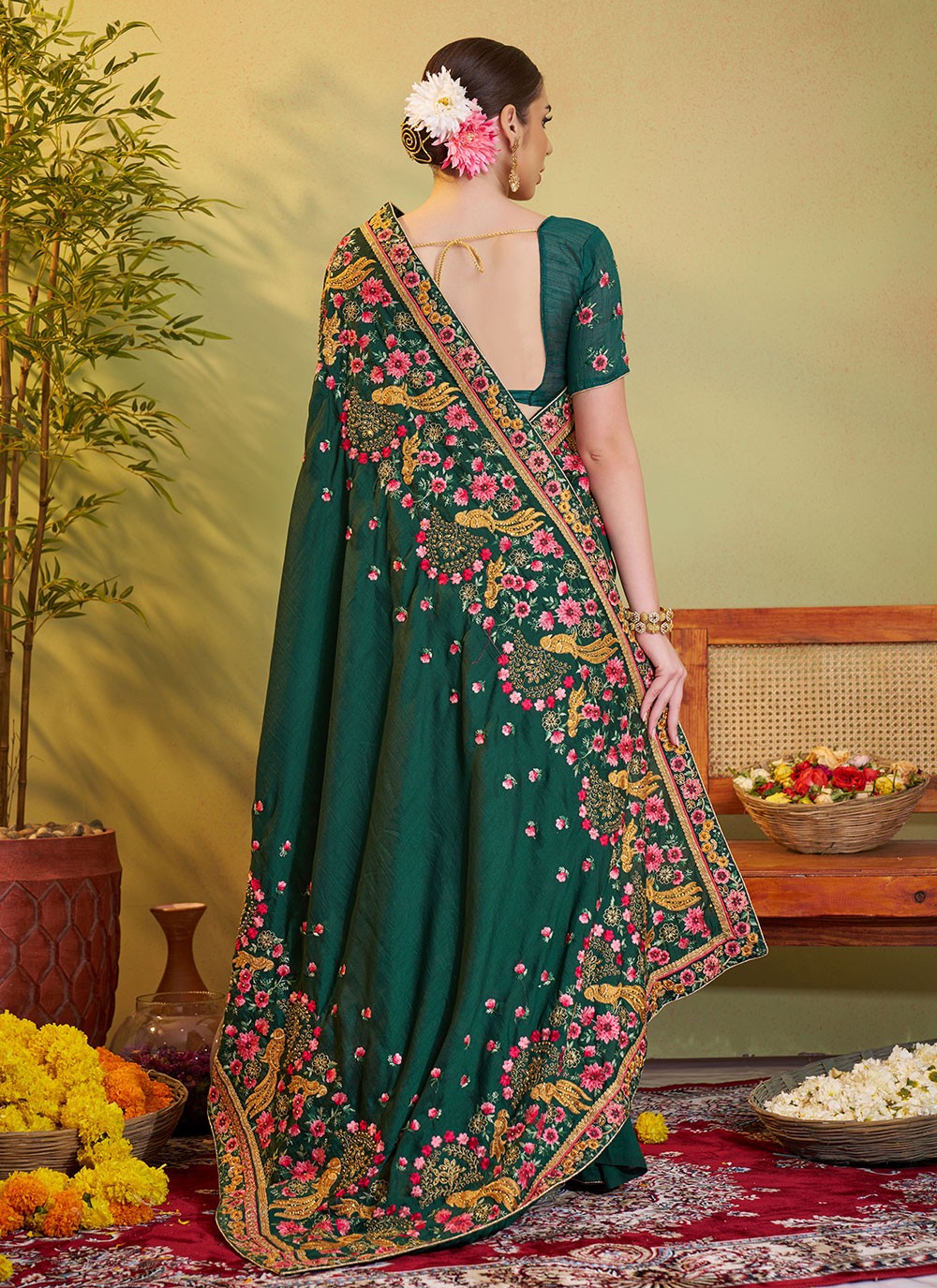 Embroidered Satin Green Saree S14378