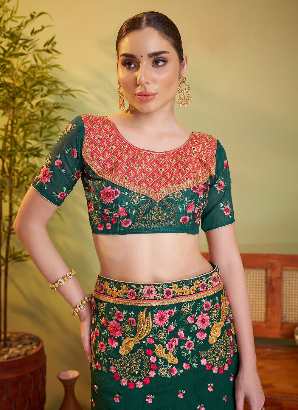 Embroidered Satin Green Saree S14378