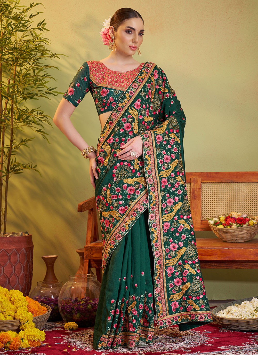Embroidered Satin Green Saree S14378