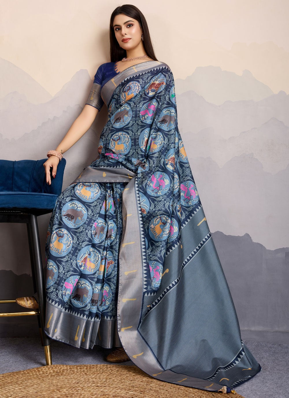 Digital Print Pure Dola Navy Blue Classic Saree S14914