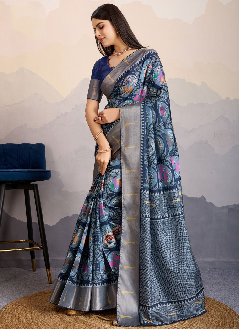 Digital Print Pure Dola Navy Blue Classic Saree S14914