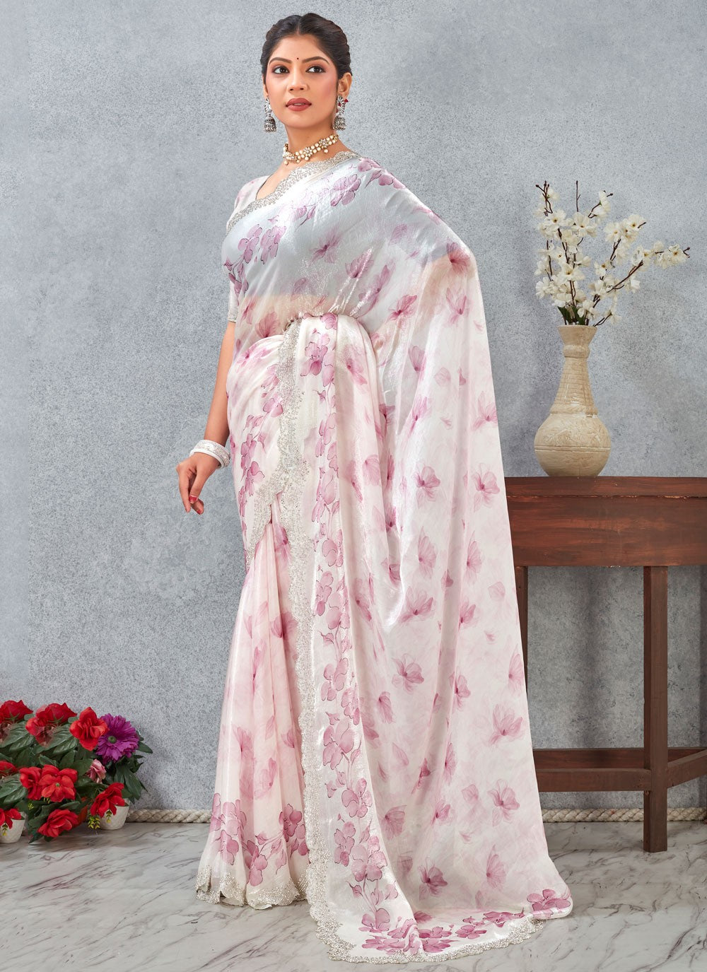 Pink Satin Classic Saree Digital Print S20258