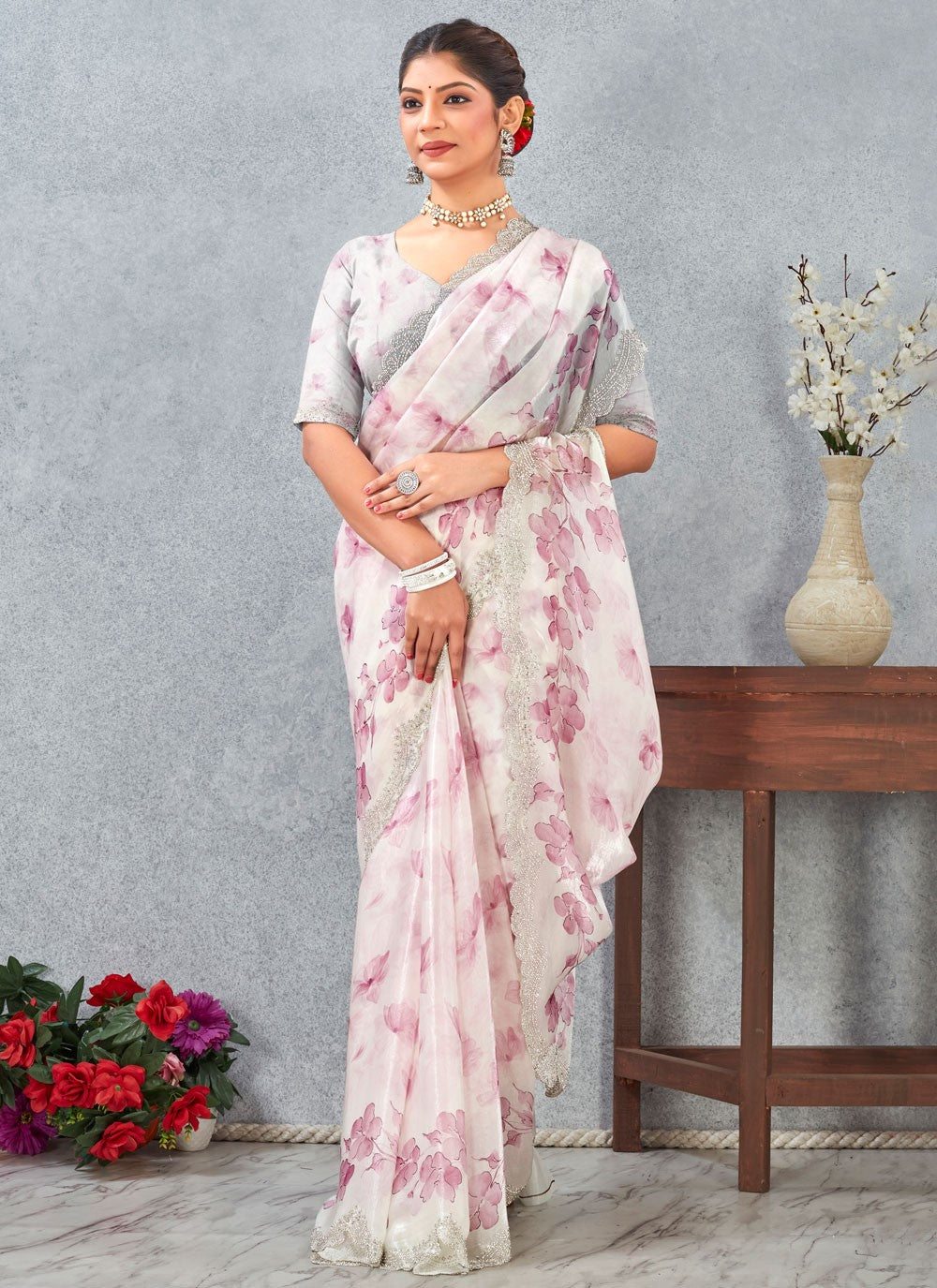 Pink Satin Classic Saree Digital Print S20258