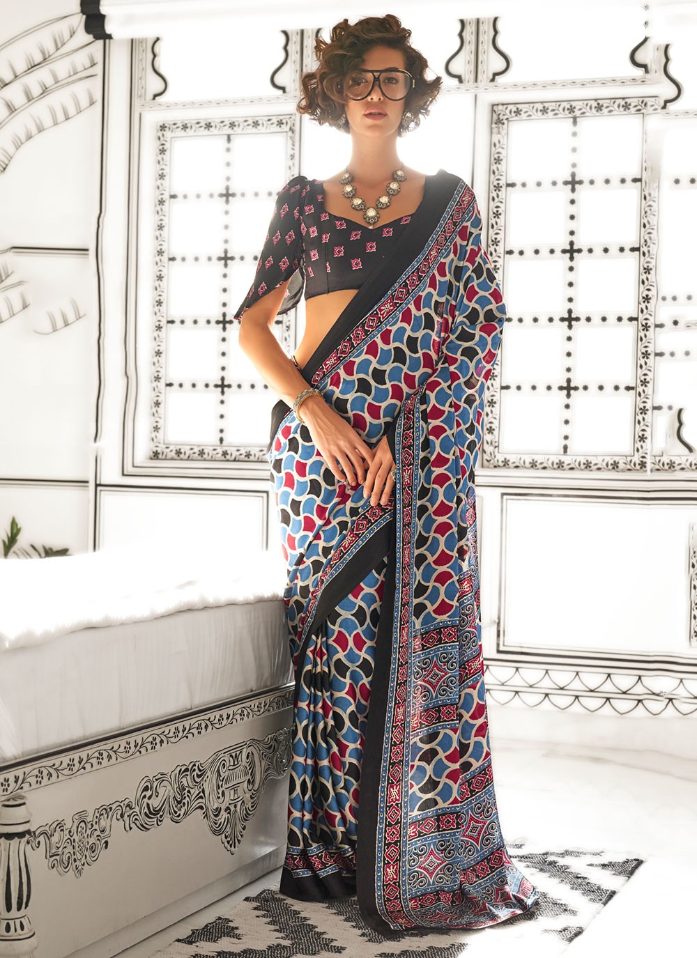 Classic Printed Crepe Silk, Satin Saree - S6780