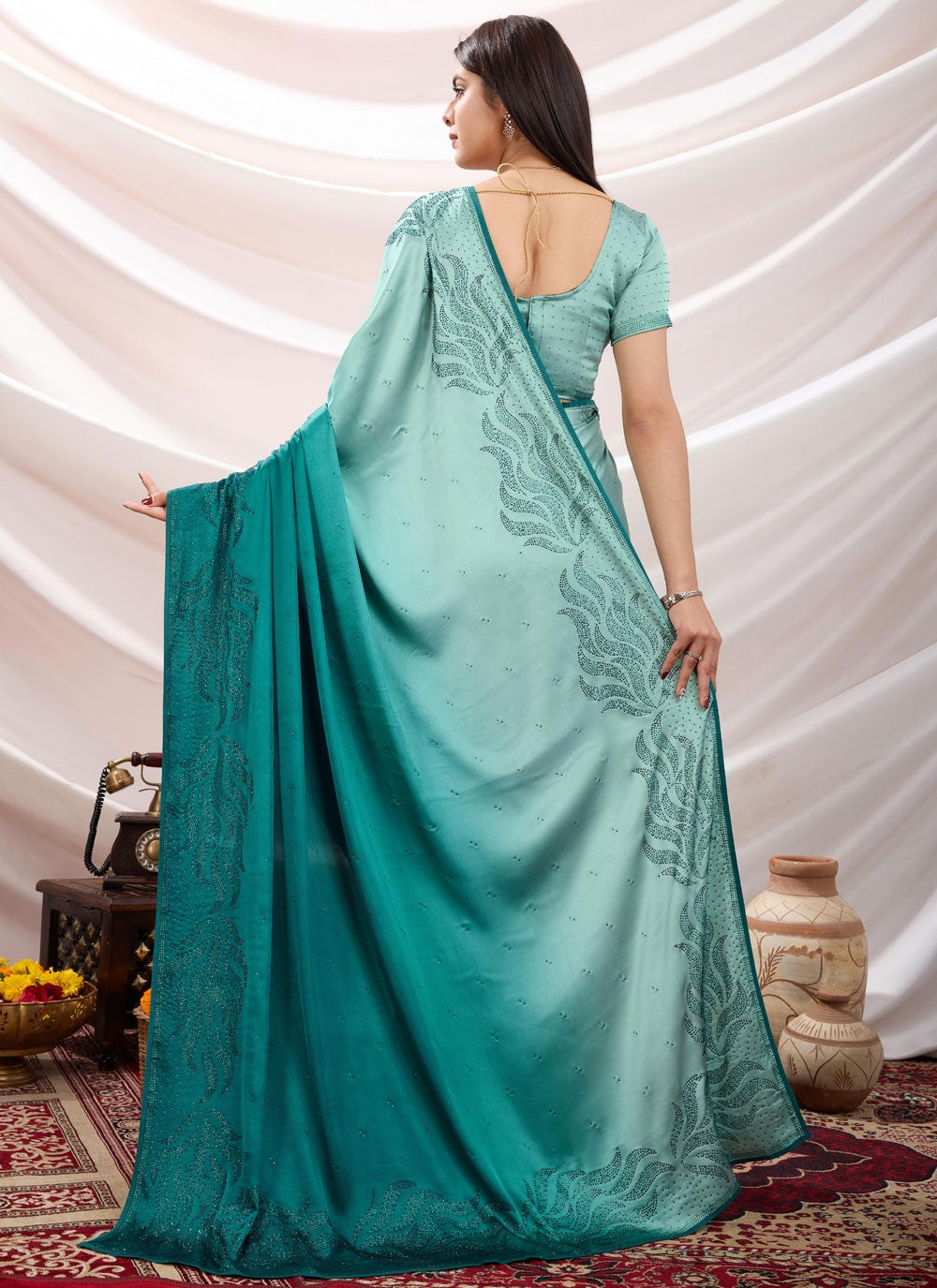 Contemporary Cutdana Morpeach Satin Saree S13669