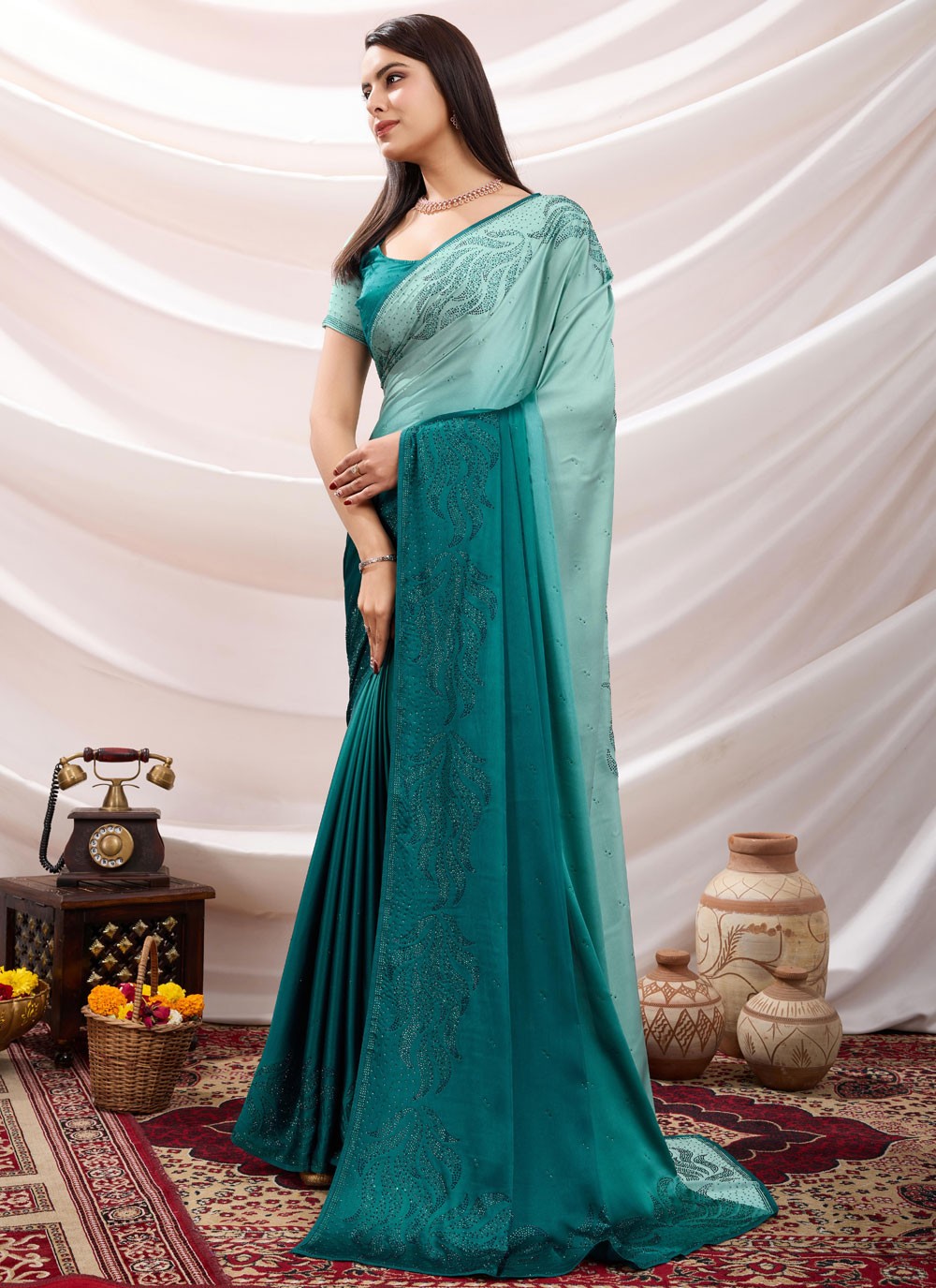 Contemporary Cutdana Morpeach Satin Saree S13669
