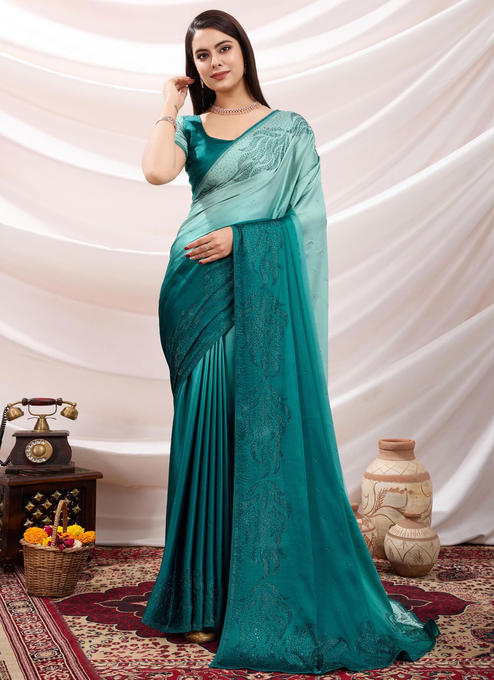 Contemporary Cutdana Morpeach Satin Saree S13669