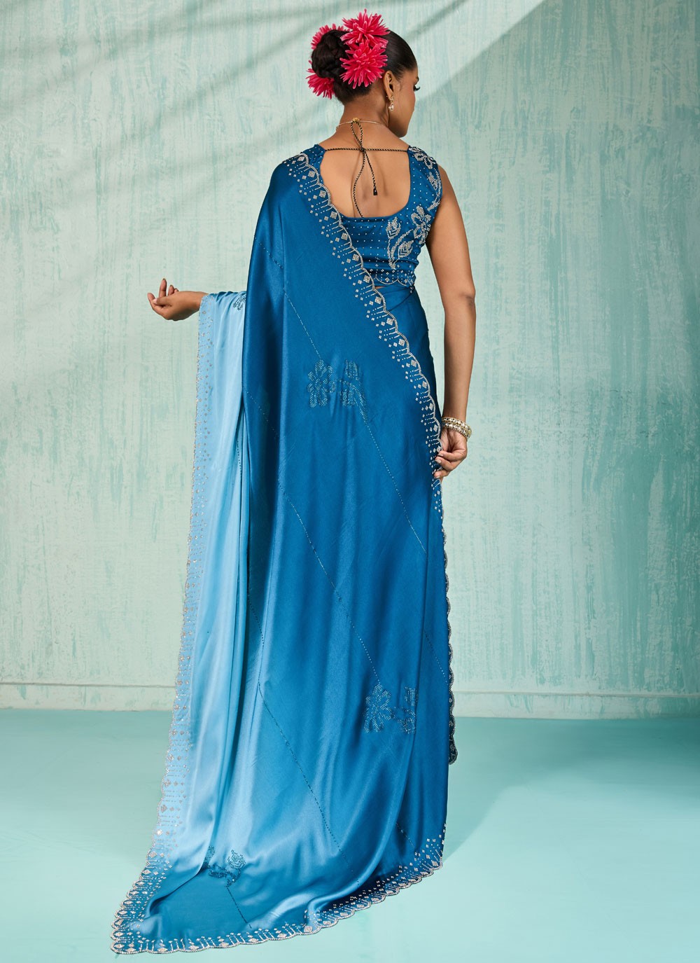 Blue Satin Classic Saree Border Work, Cut Work, Swarovski S17748