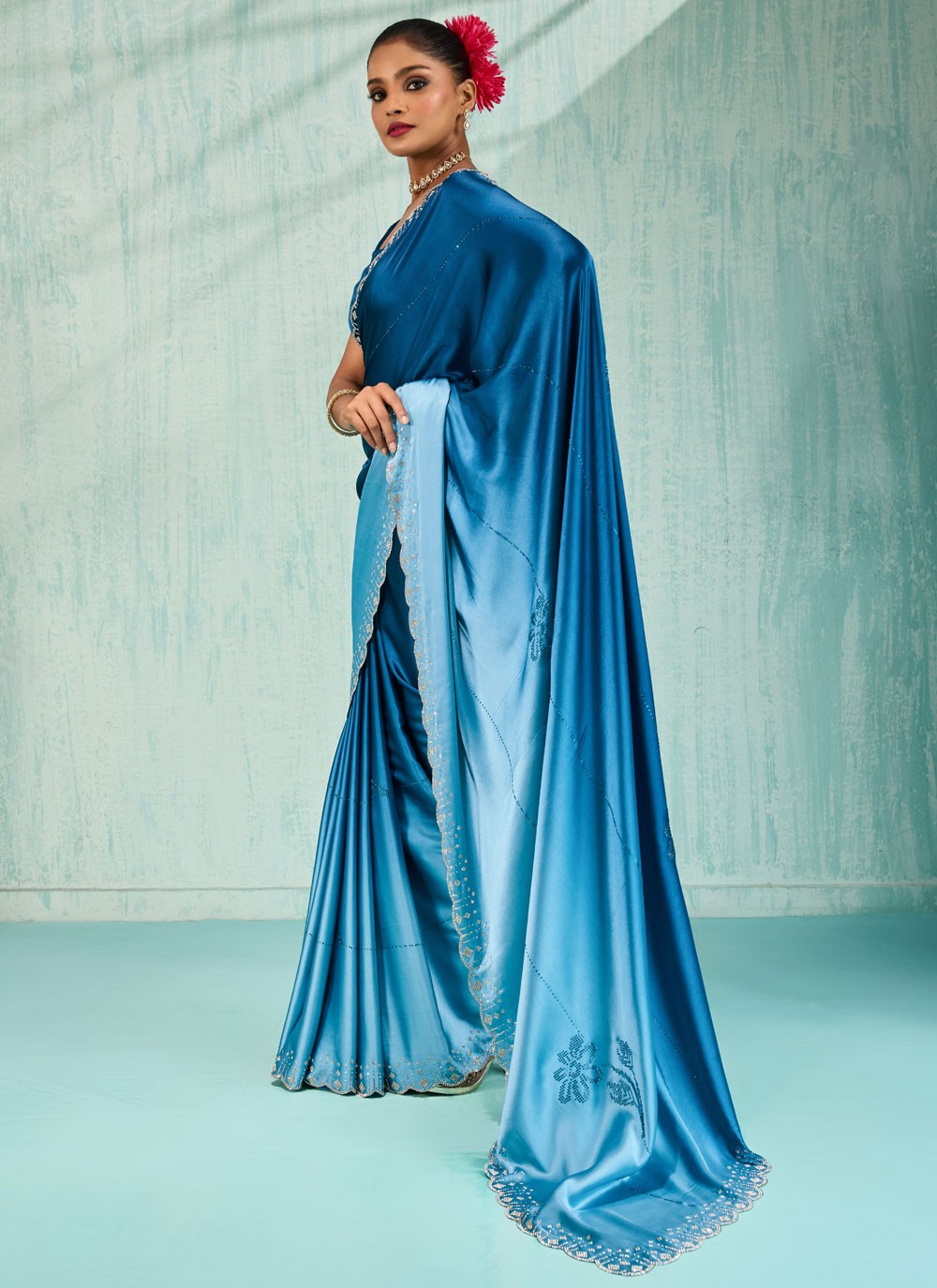 Blue Satin Classic Saree Border Work, Cut Work, Swarovski S17748