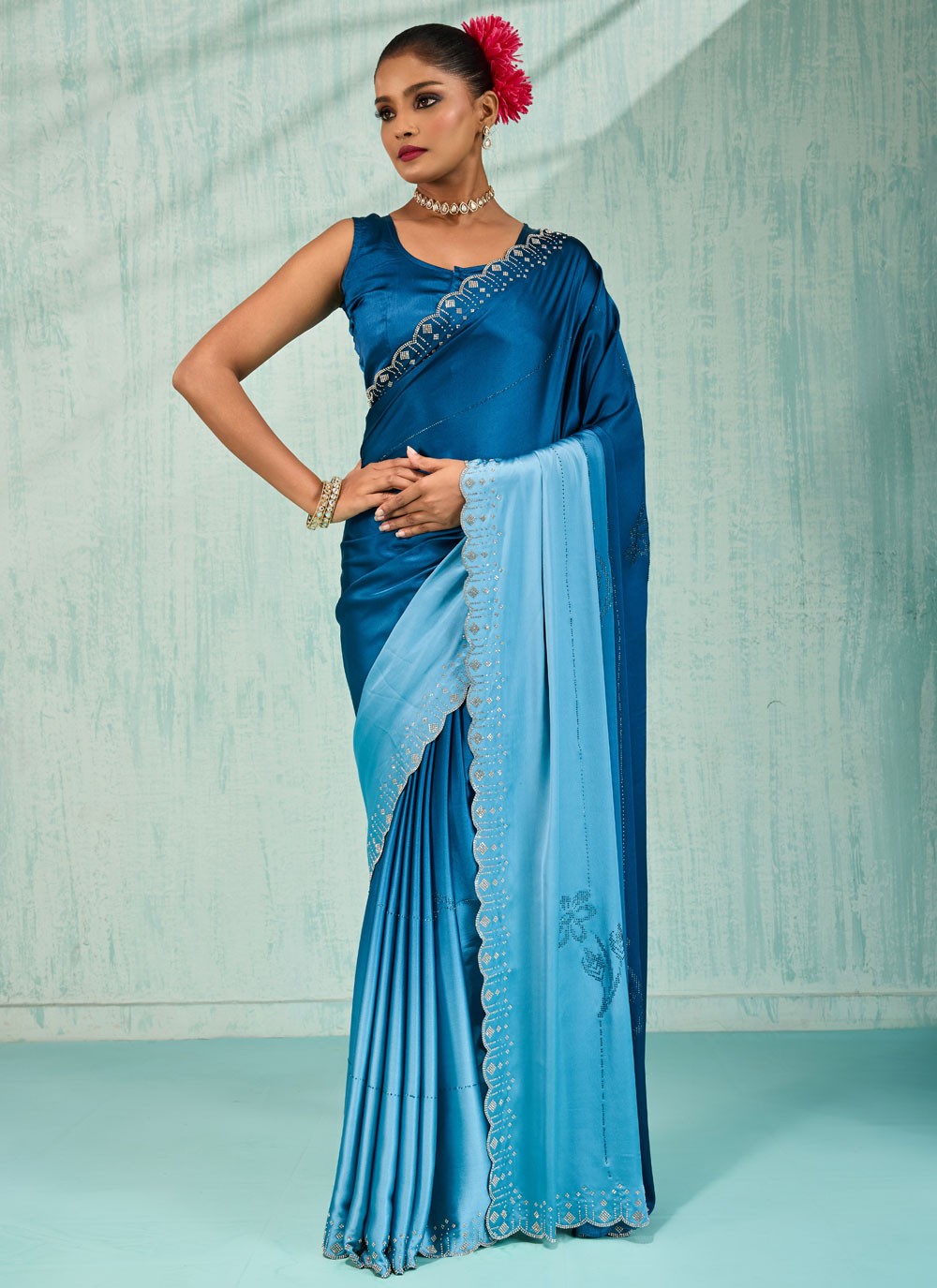 Blue Satin Classic Saree Border Work, Cut Work, Swarovski S17748