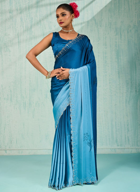Blue Satin Classic Saree Border Work, Cut Work, Swarovski S17748