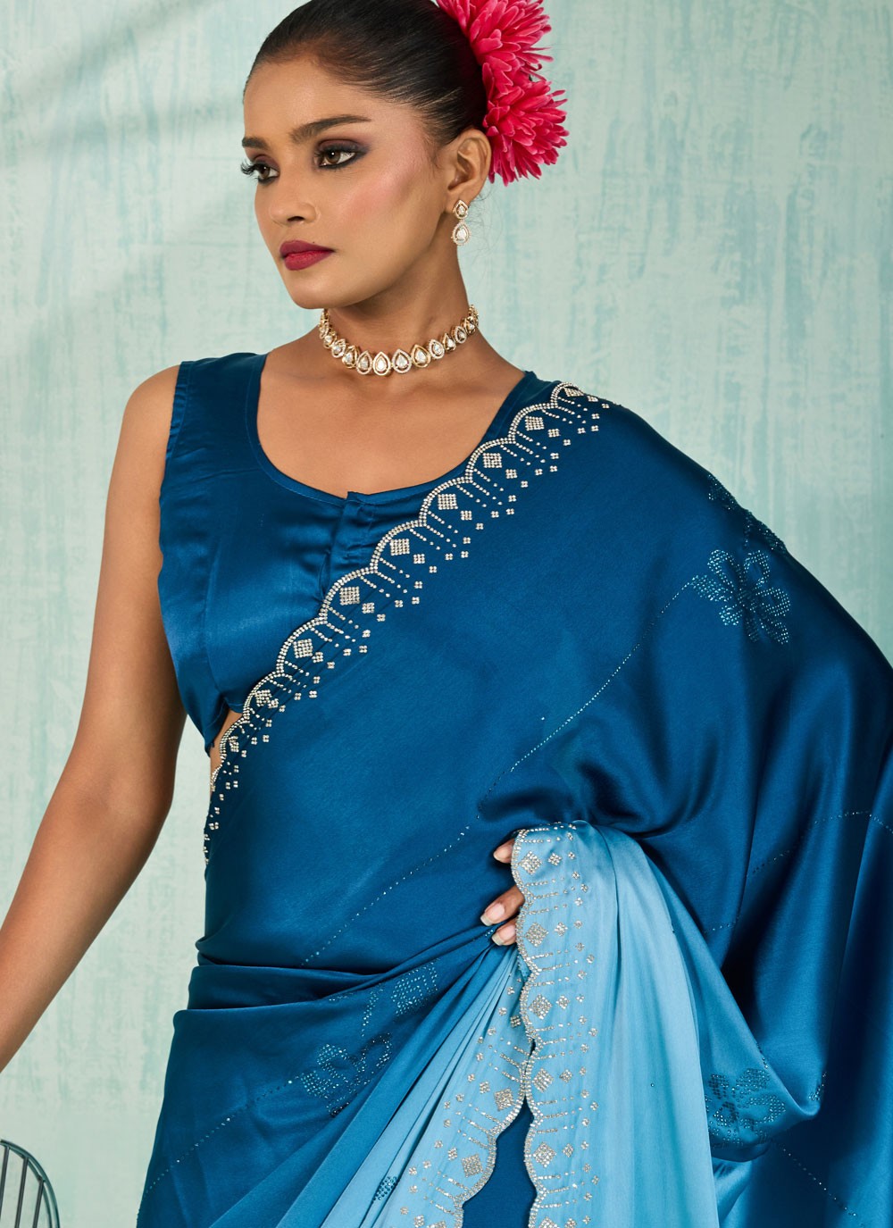 Blue Satin Classic Saree Border Work, Cut Work, Swarovski S17748