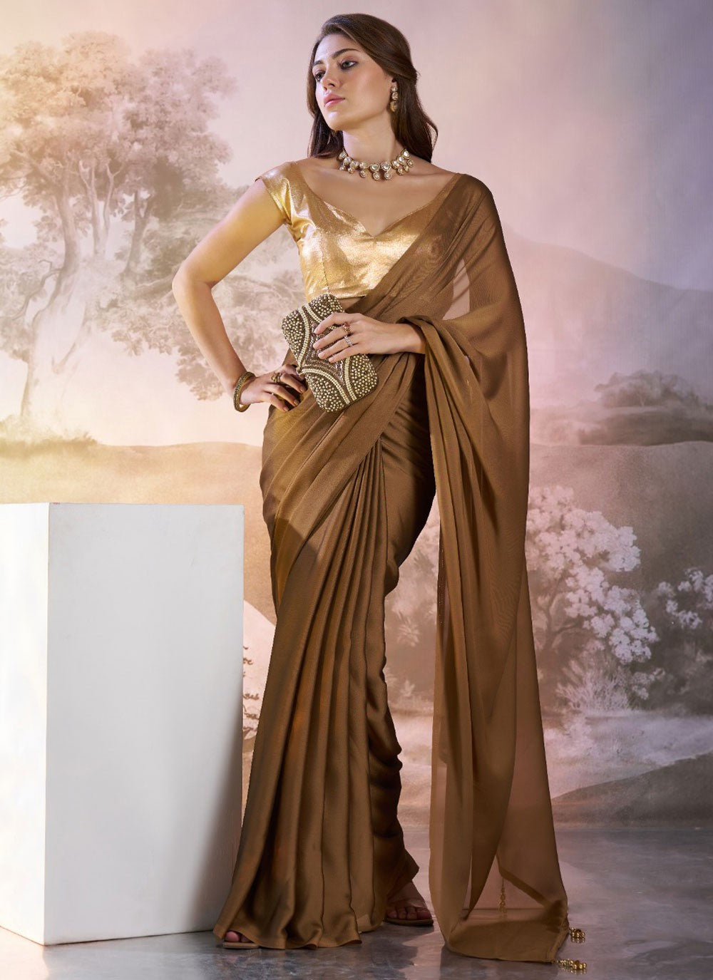 Designer Plain Brown Rangoli Saree S13523