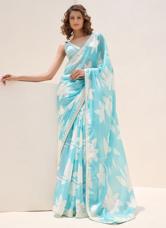 Aqua Blue Satin Designer Saree Border Work, Digital Print, Embroidered S18663