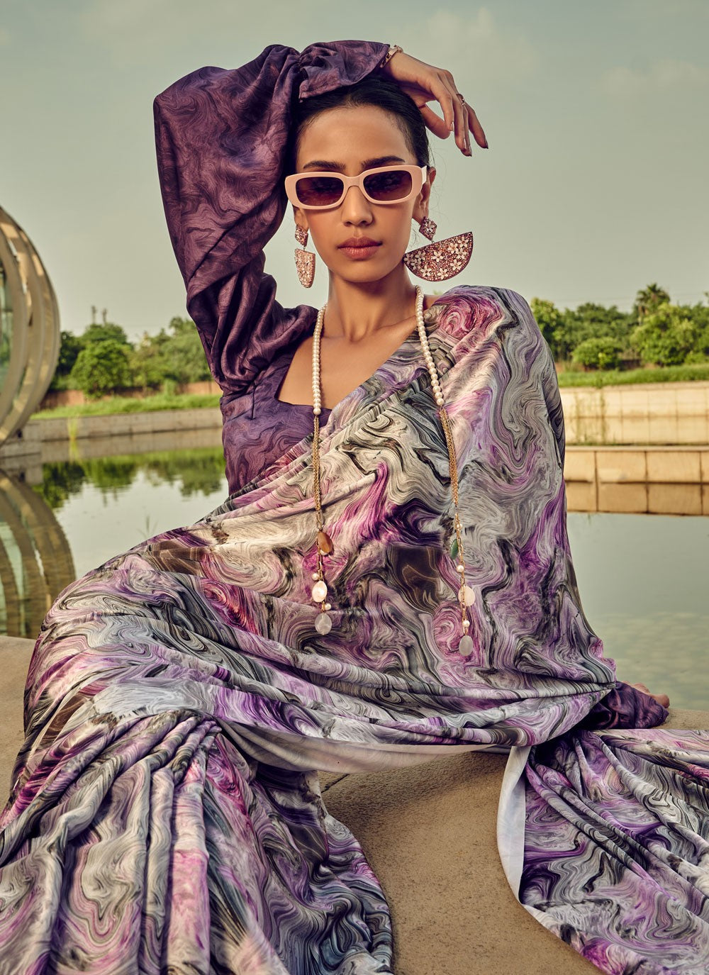 Classic Digital Print Satin Saree - S4000