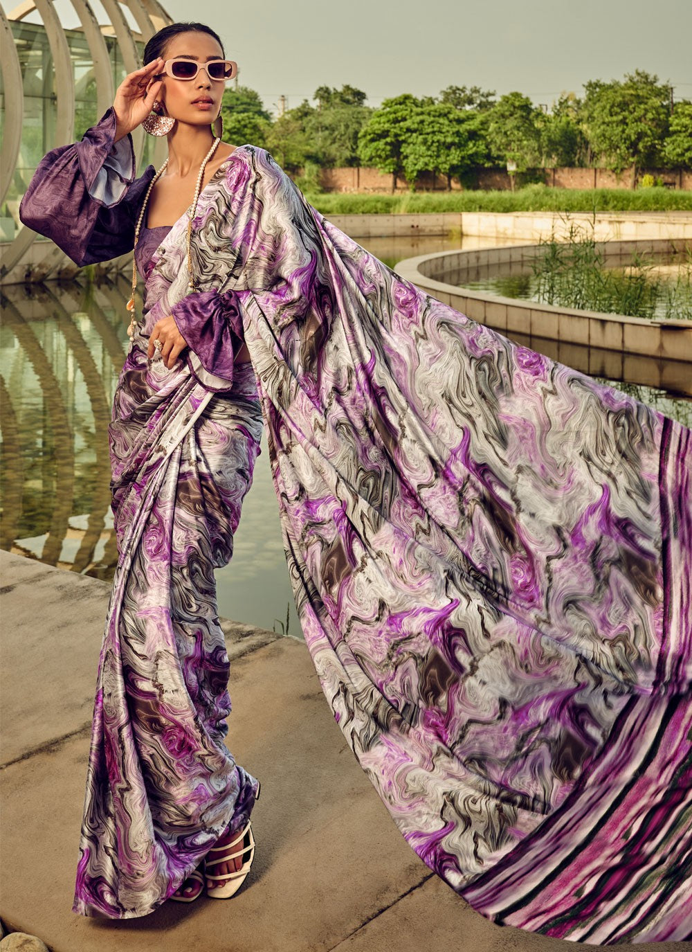 Classic Digital Print Satin Saree - S4000