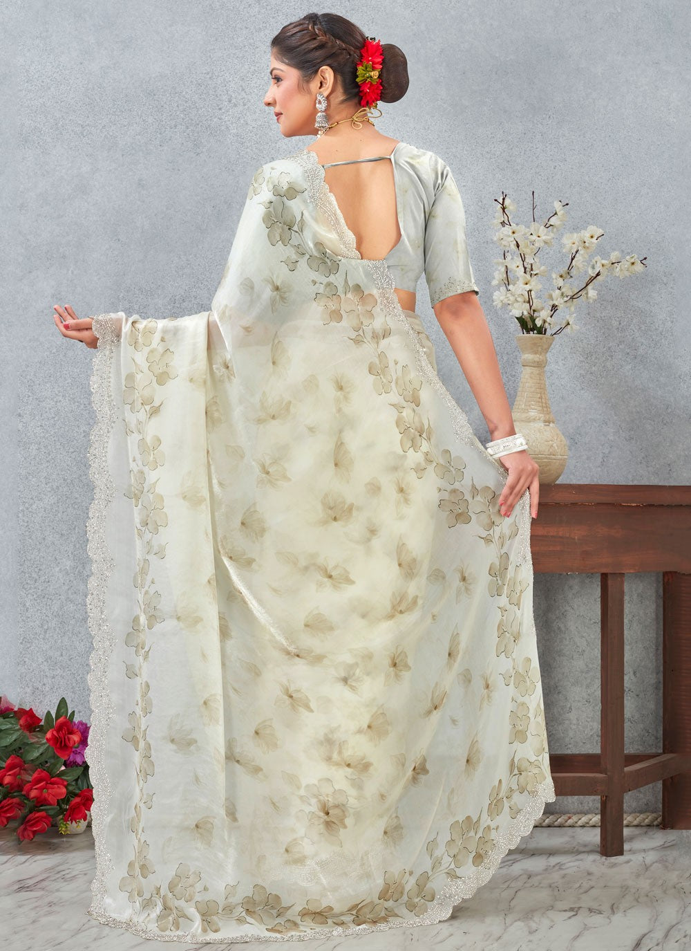 Green Satin Classic Saree Digital Print S20254