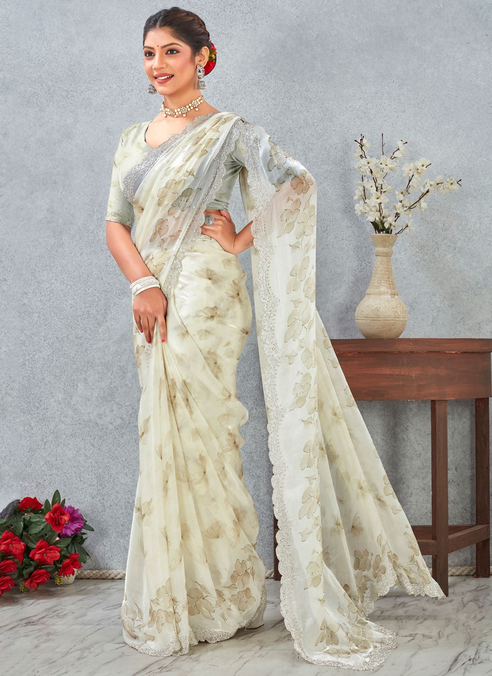 Green Satin Classic Saree Digital Print S20254