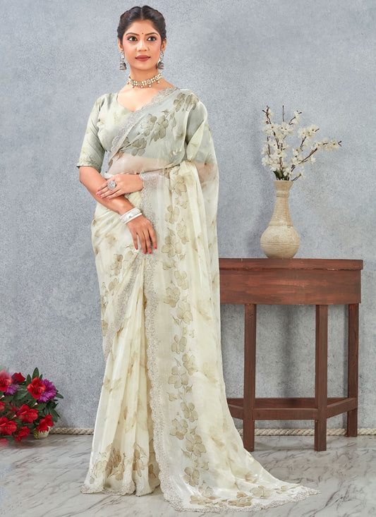 Green Satin Classic Saree Digital Print S20254