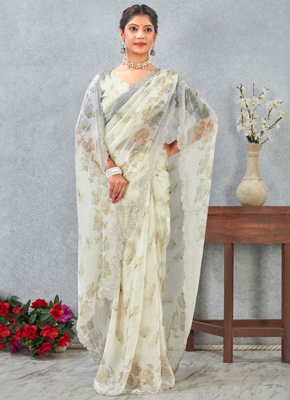 Green Satin Classic Saree Digital Print S20254