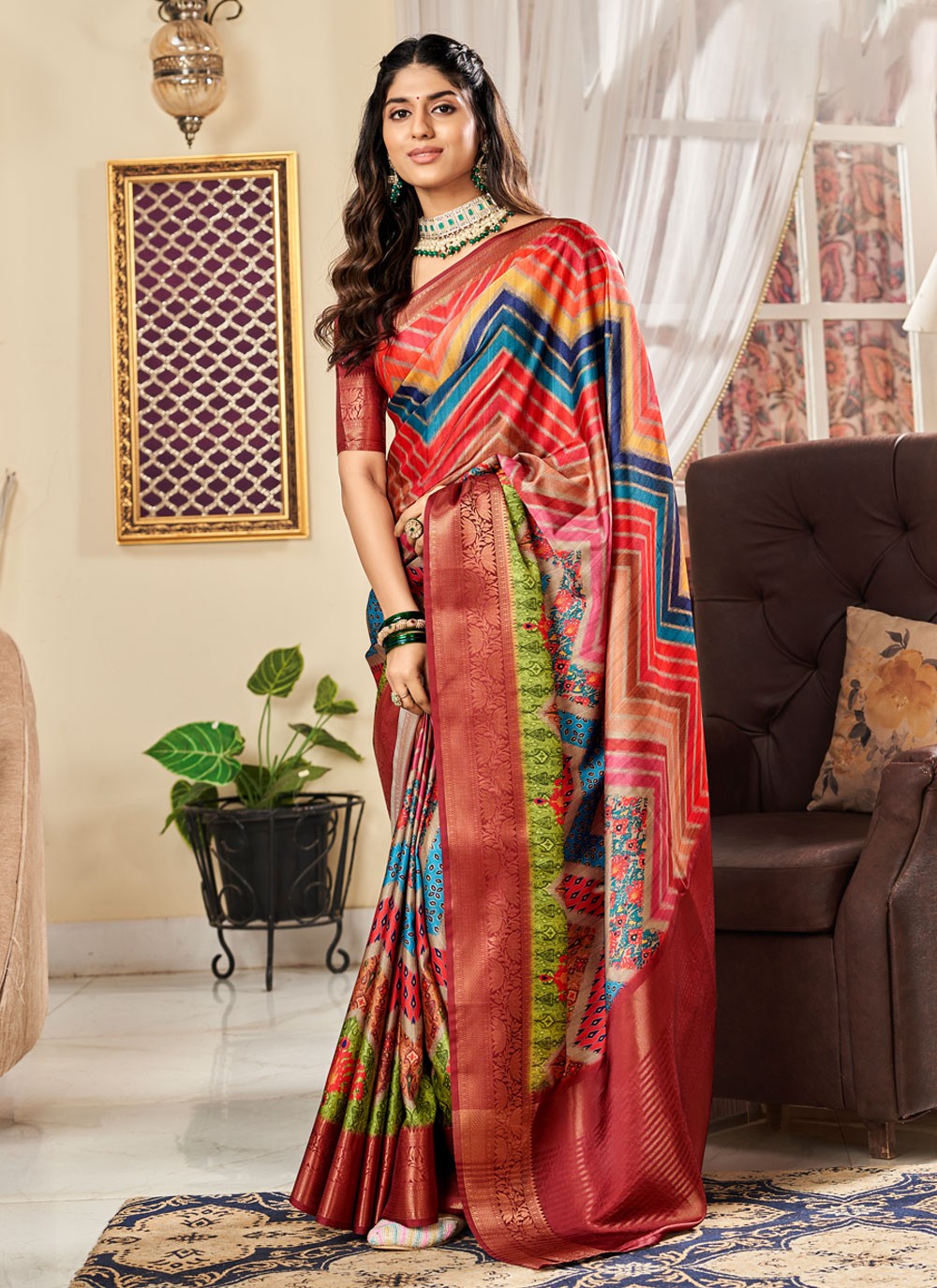 Classic Digital Print Satin Saree - S3936