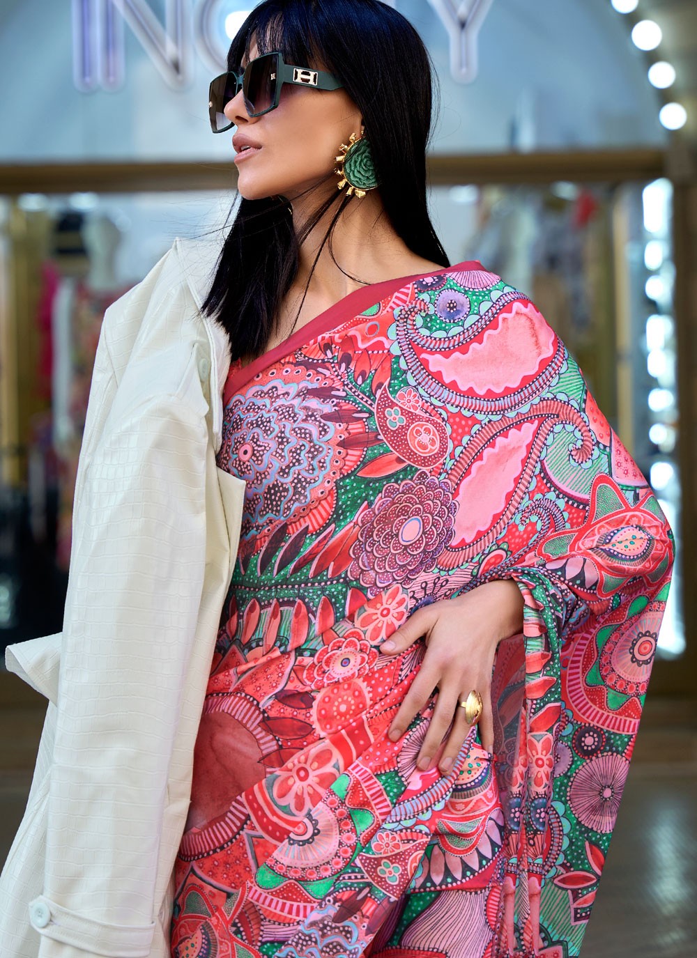 Classic Digital Print Faux Crepe, Satin Saree - S4169