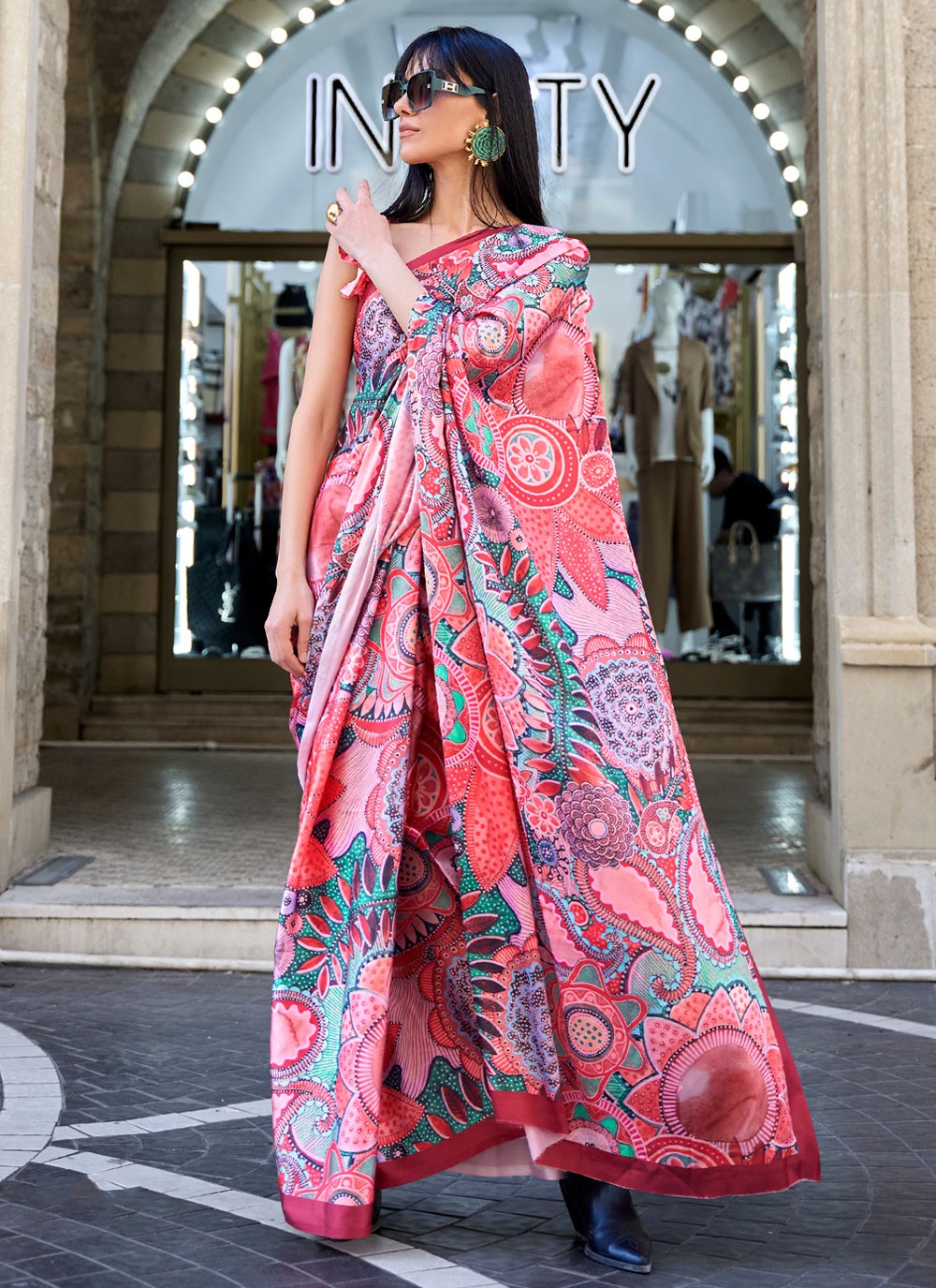 Classic Digital Print Faux Crepe, Satin Saree - S4169