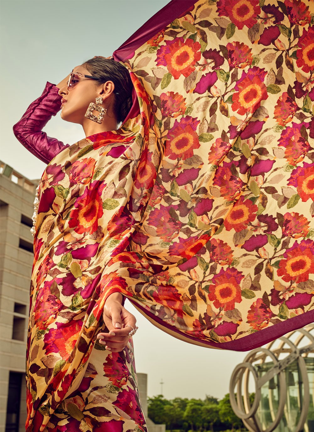 Classic Digital Print Satin Saree - S4000