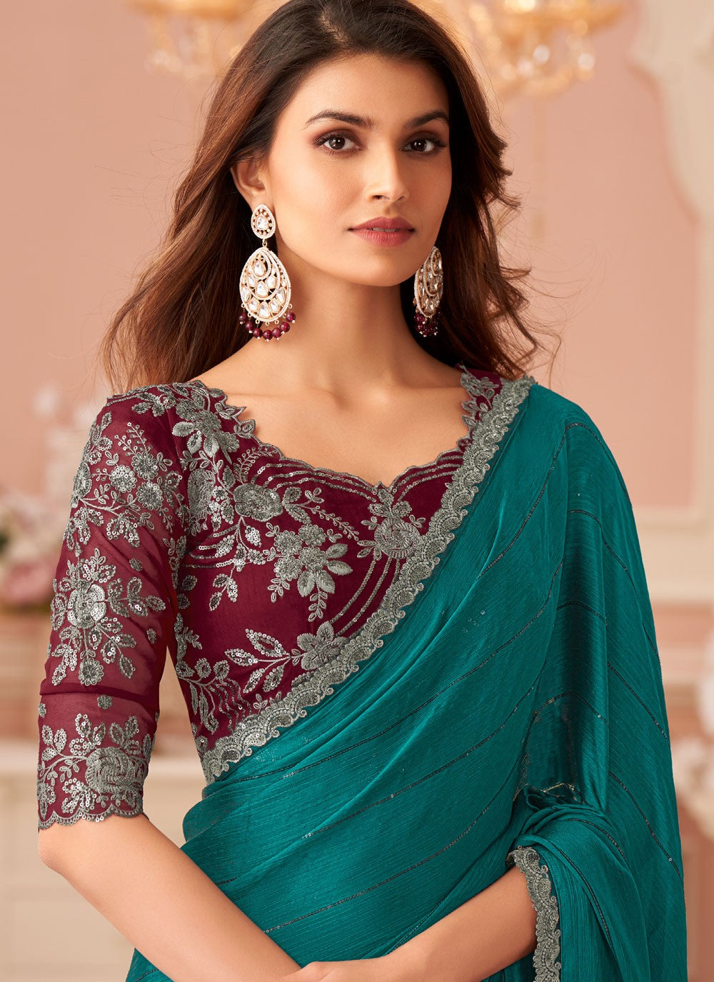 Traditional Border Work Green, Teal Satin Saree S13650