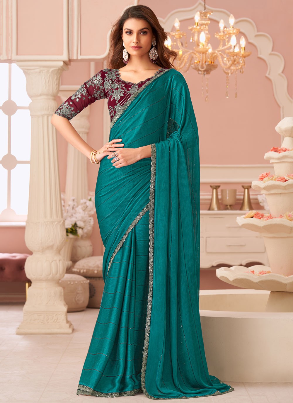 Traditional Border Work Green, Teal Satin Saree S13650