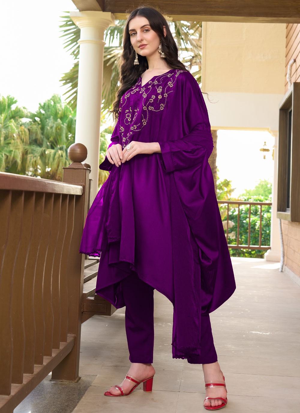 Salwar Suit Embroidered Purple Satin T5329