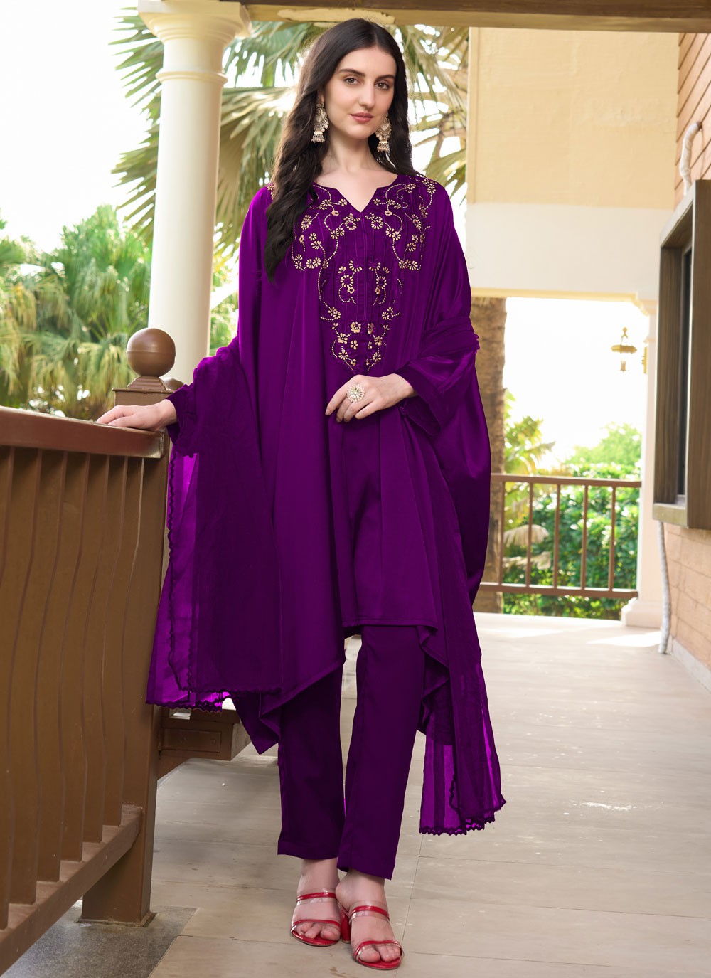 Salwar Suit Embroidered Purple Satin T5329