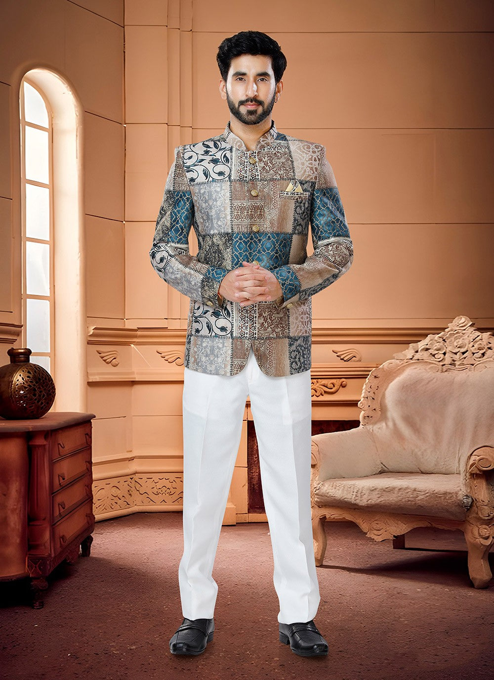 Fancy Work Satin Multi Colour Jodhpuri Suit - M4339