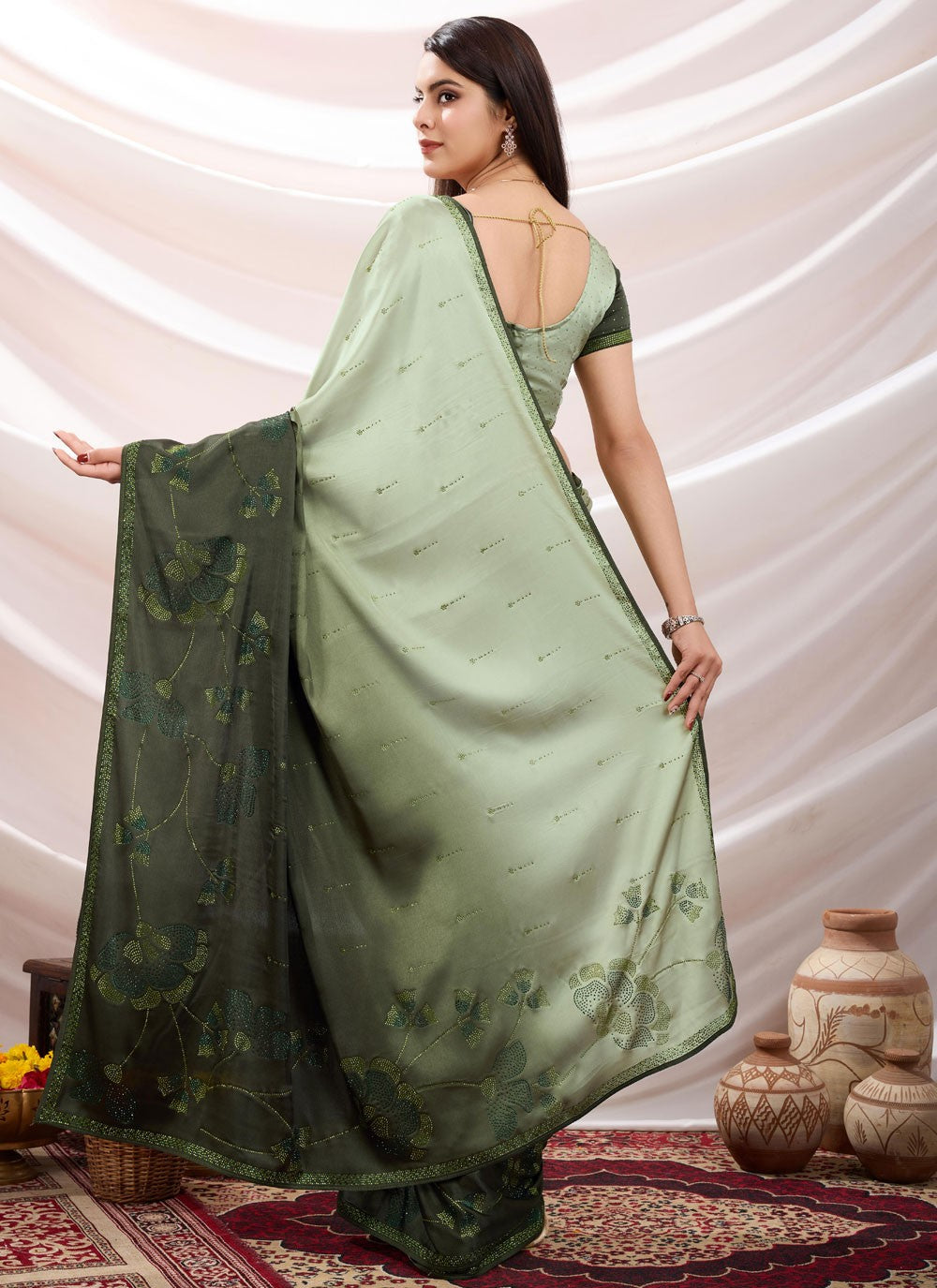 Classic Saree Cutdana Green Satin Saree S13668