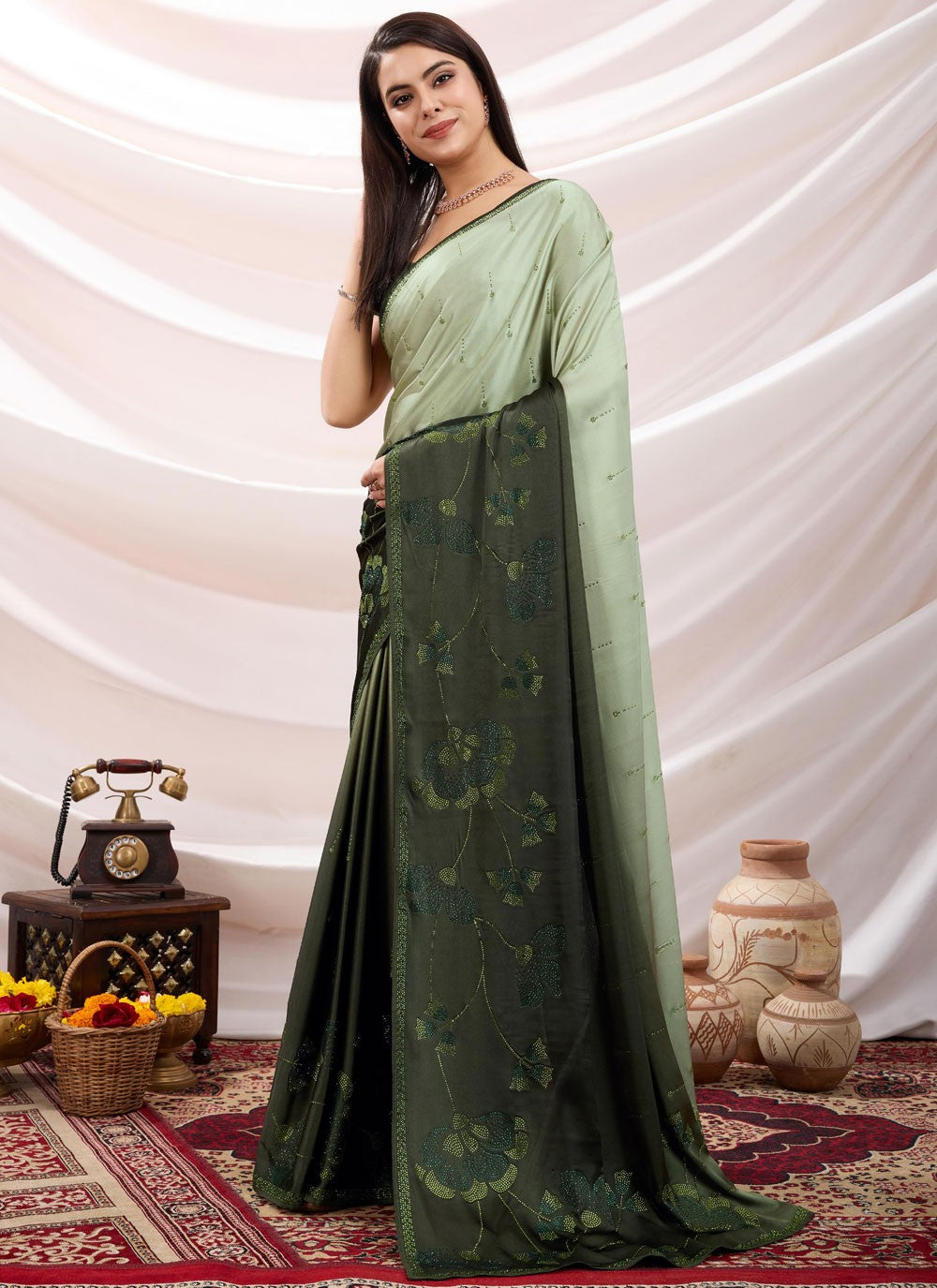 Classic Saree Cutdana Green Satin Saree S13668