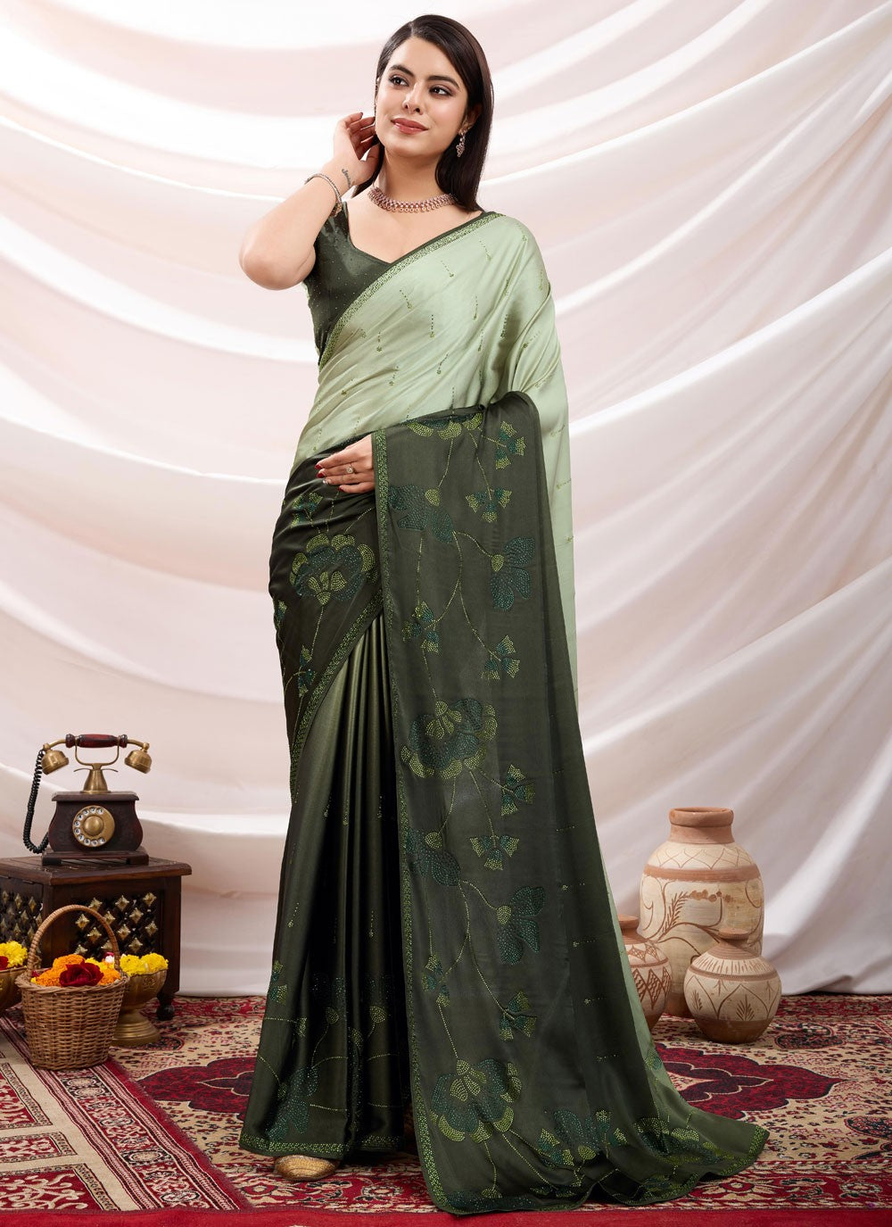 Classic Saree Cutdana Green Satin Saree S13668