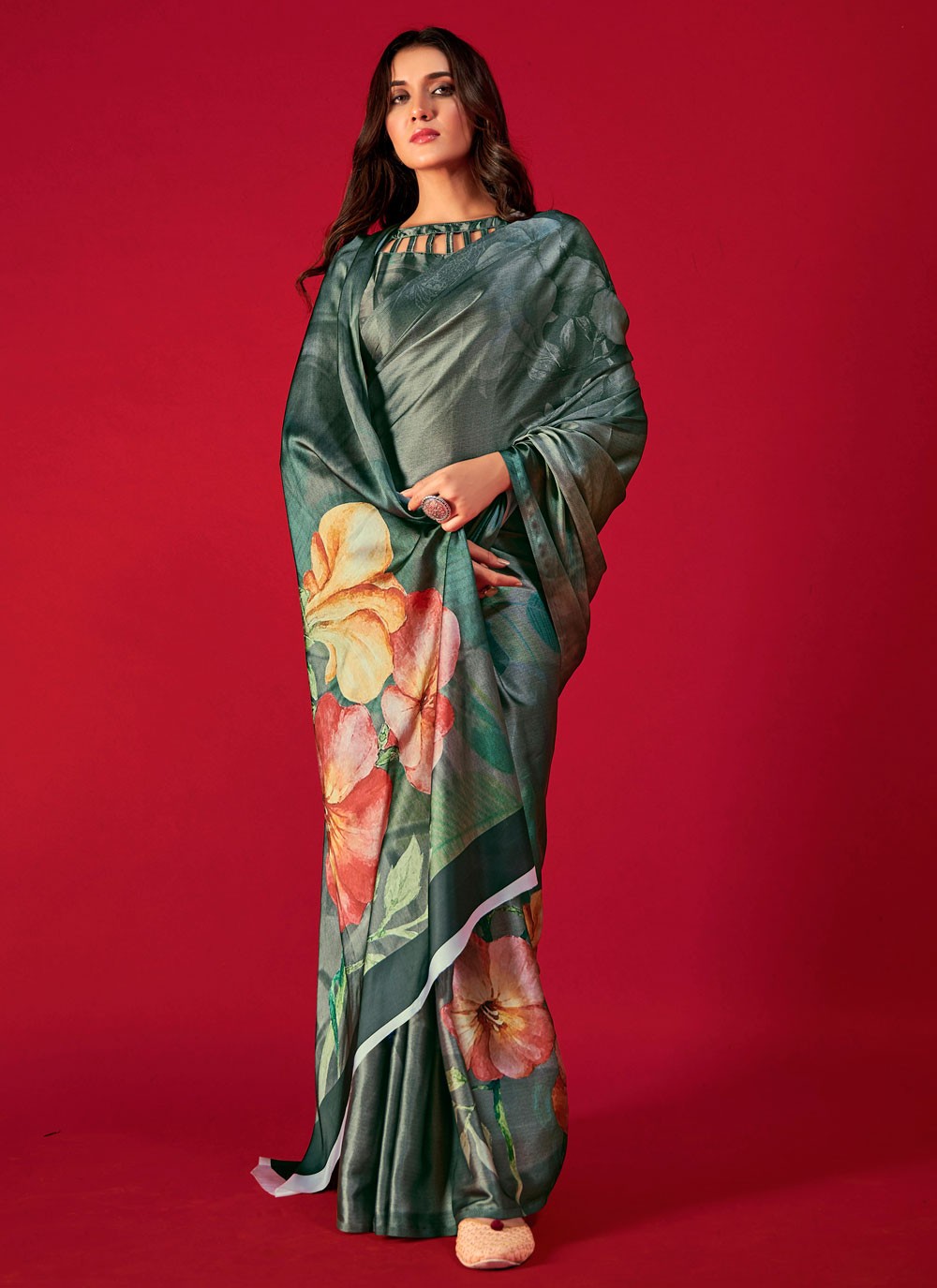 Trendy Digital Print Pure Crepe, Satin Saree - S5666