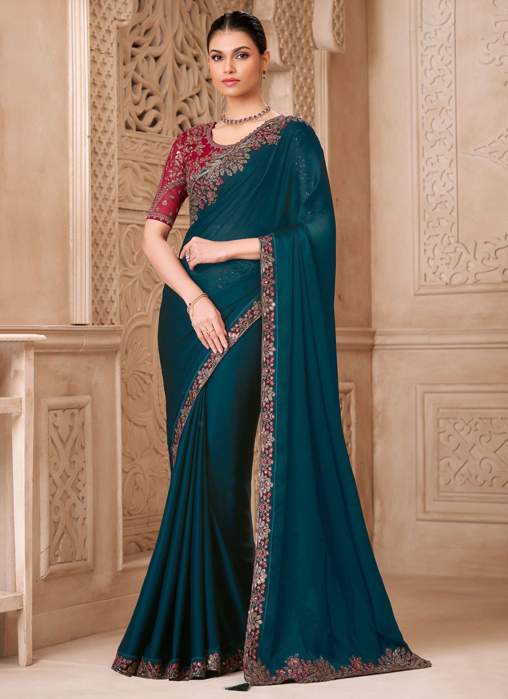 Green Georgette Classic Saree Border Work, Embroidered S19776
