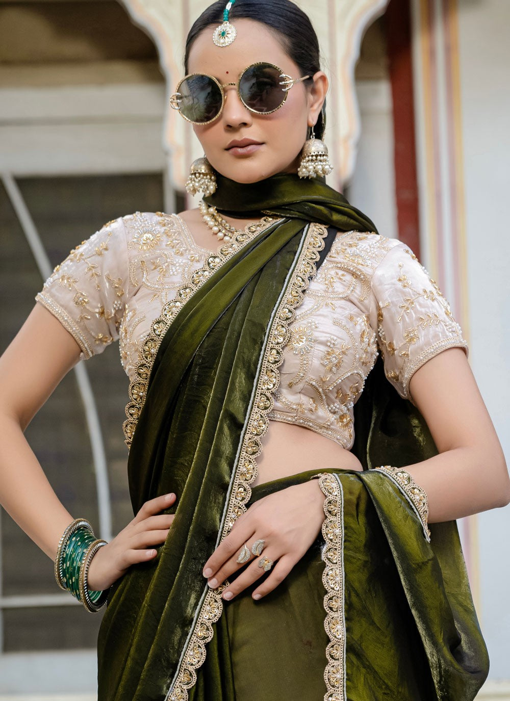 Green Satin Designer Saree Cut Work, Hand Embroidery, Lace S15766