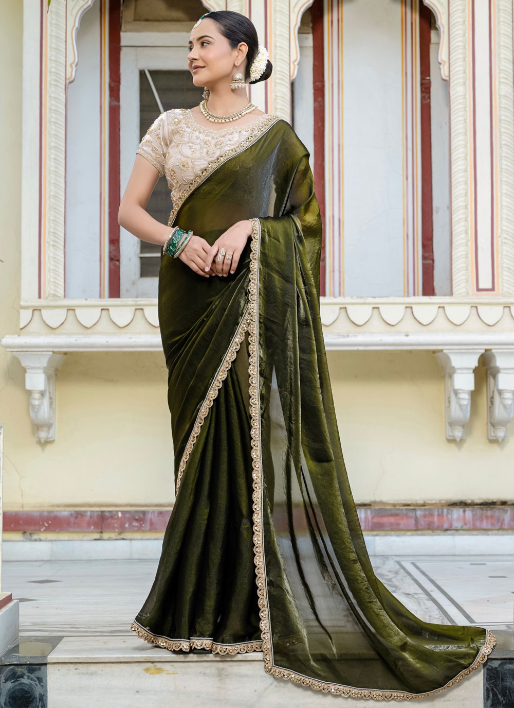 Green Satin Designer Saree Cut Work, Hand Embroidery, Lace S15766