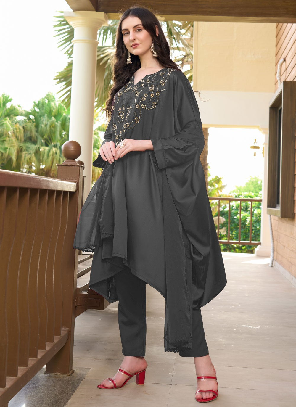 Salwar Suit Embroidered Grey Satin T5328