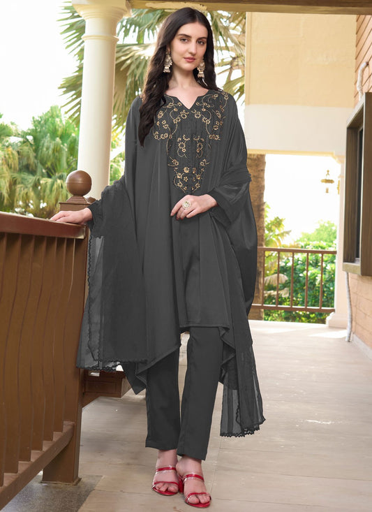 Salwar Suit Embroidered Grey Satin T5328