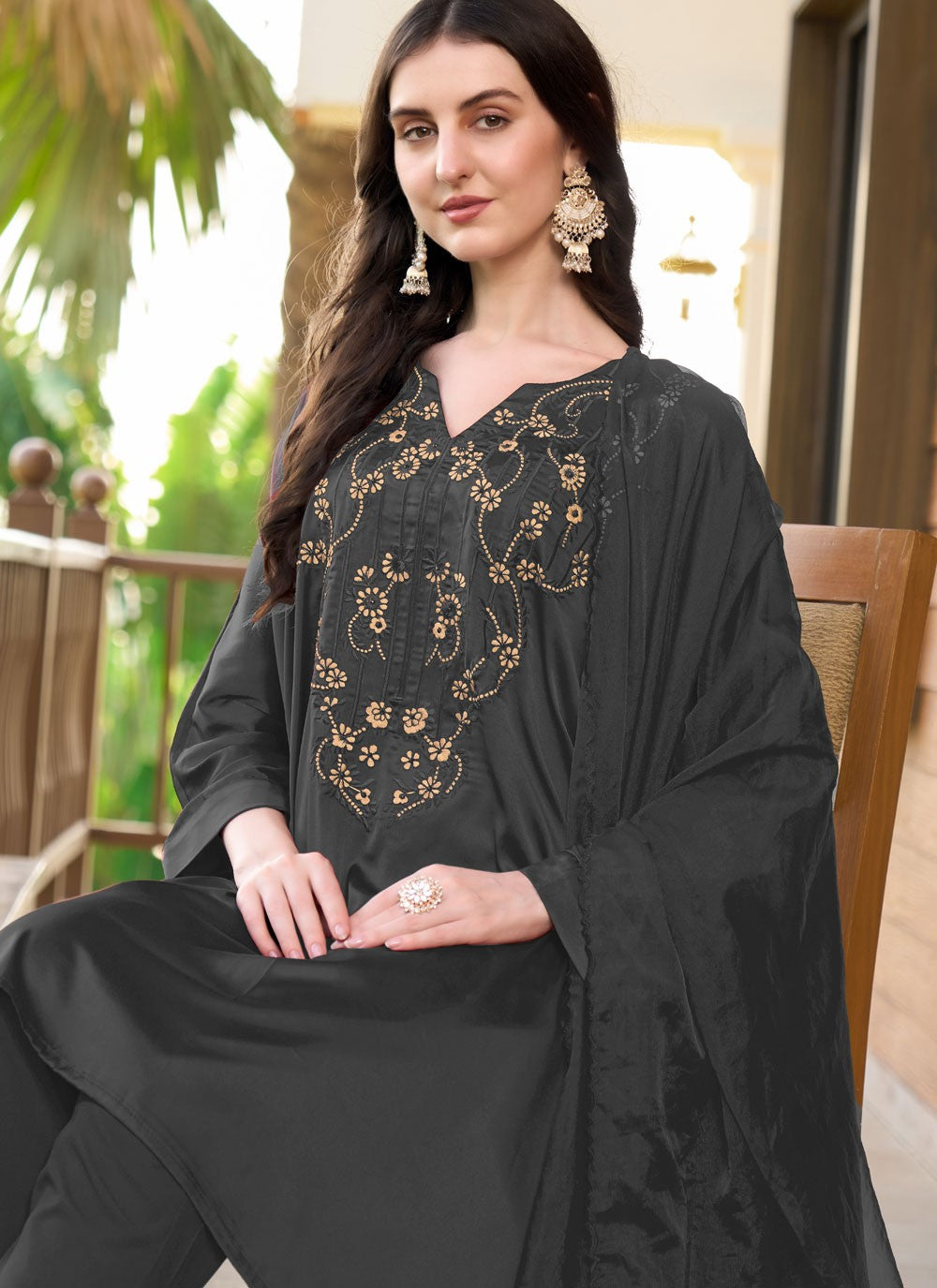 Salwar Suit Embroidered Grey Satin T5328