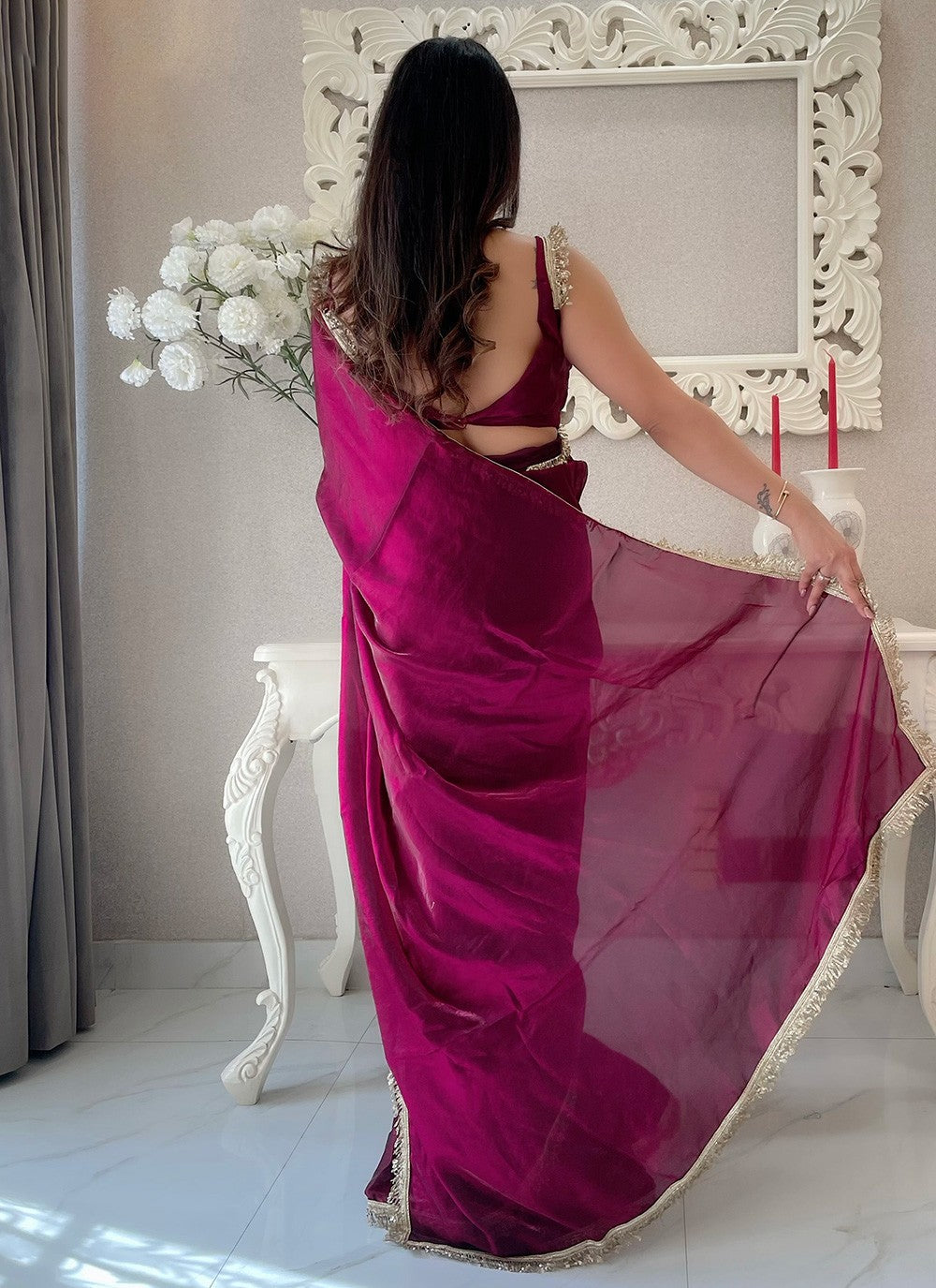 Embroidered Satin Wine Classic Saree S15220