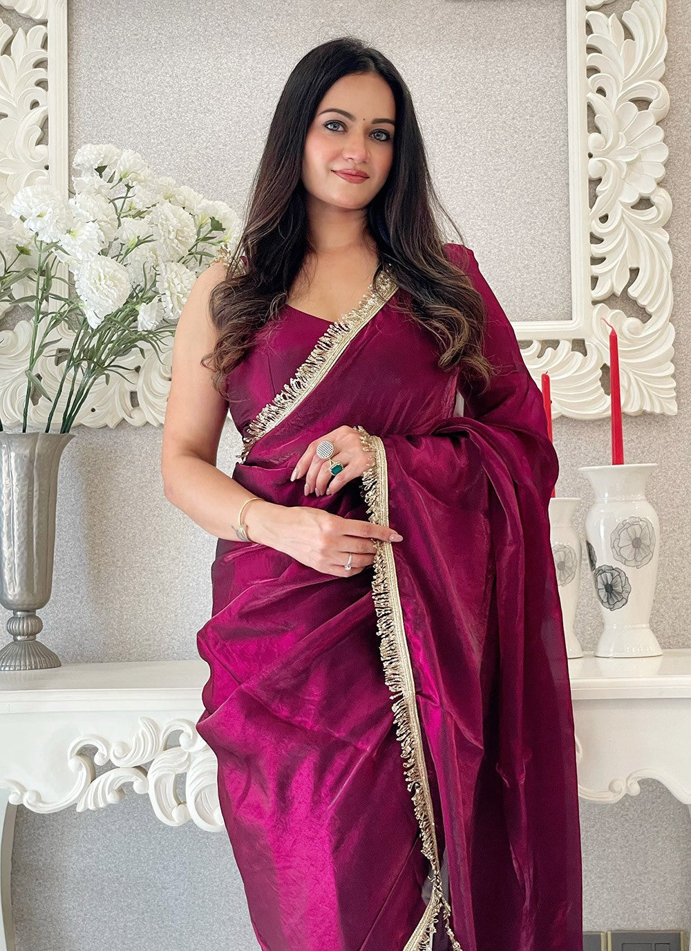 Embroidered Satin Wine Classic Saree S15220