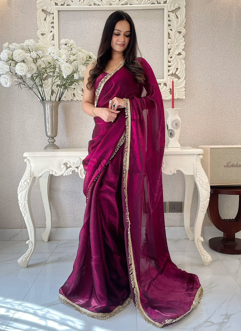 Embroidered Satin Wine Classic Saree S15220