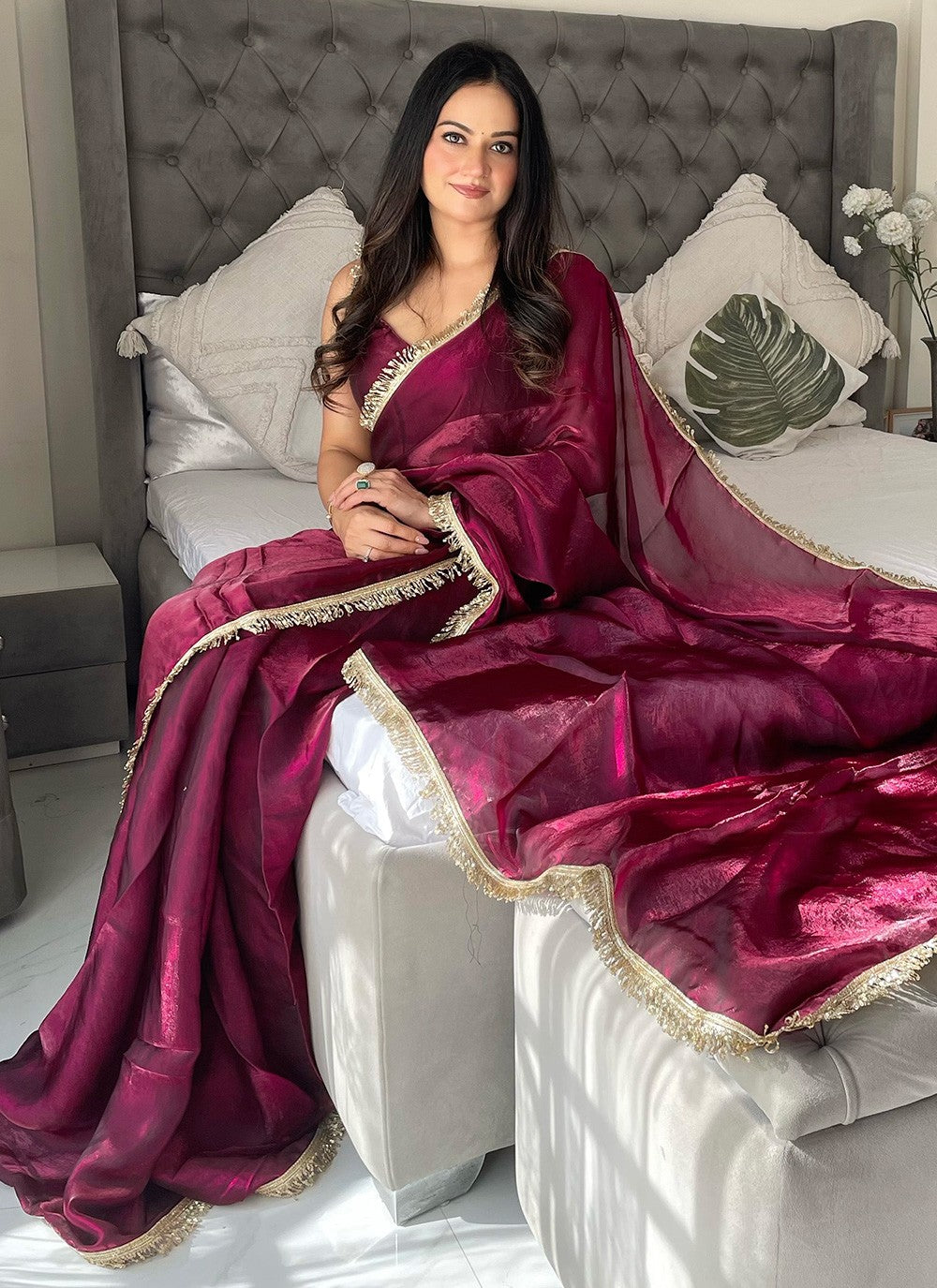Embroidered Satin Wine Classic Saree S15220