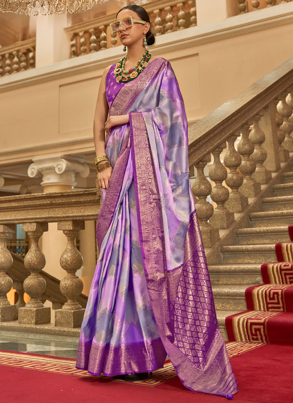 Lavender Satin Trendy Saree Printed, Weaving Zari S18289