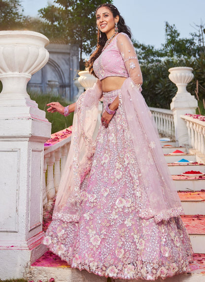 Aari Work Satin Pink Lehenga - L3359