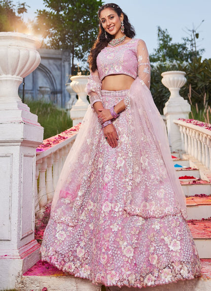 Aari Work Satin Pink Lehenga - L3359